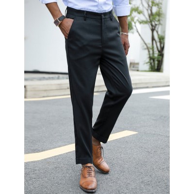 Men Pures Color Front Button Zipper Fly Ankle Length Work Pants