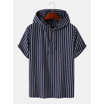 Mens Striped Quarter Button Daily Short Sleeve Hooded T  Shirts