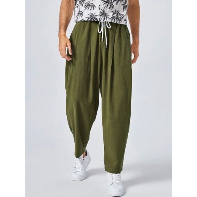 Men Solid Color Pleats Drawstring Elastic Waist Side Pocket Casual Pants